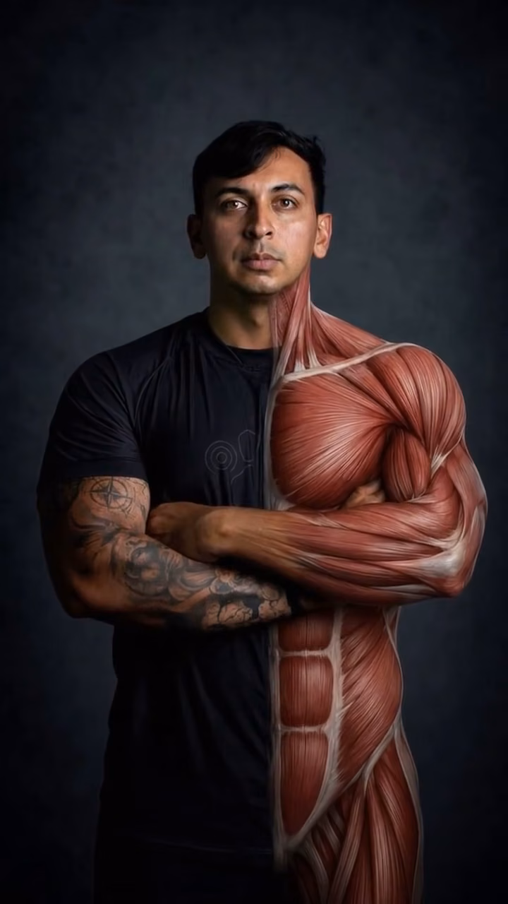 Prof. Carlos Barbosa com o lado direito do corpo revelando a musculatura.