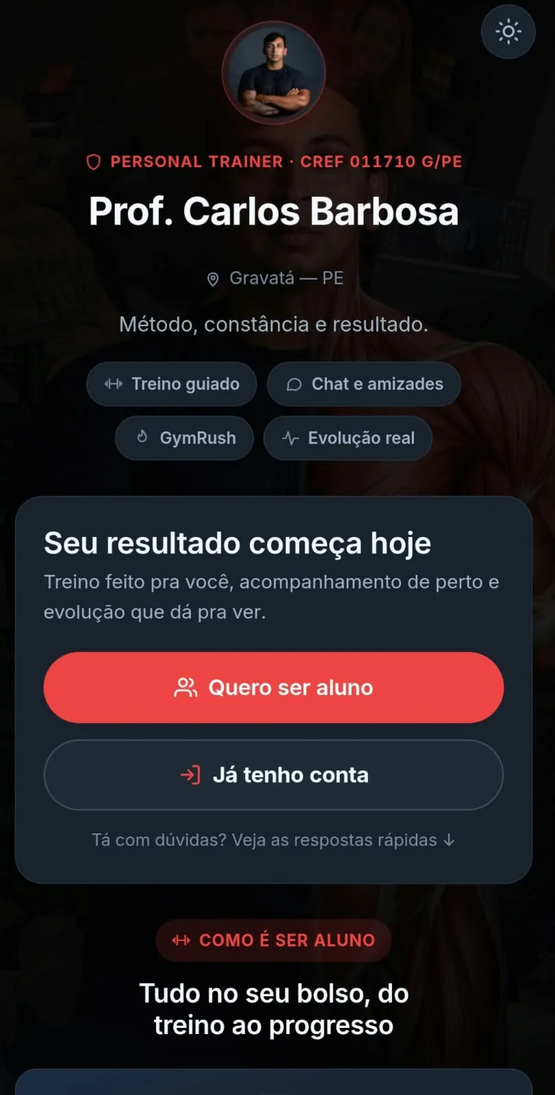 Perfil do Prof. Carlos Barbosa no app: Personal Trainer CREF 011710 G/PE, treino guiado, chat, GymRush e evolução real.